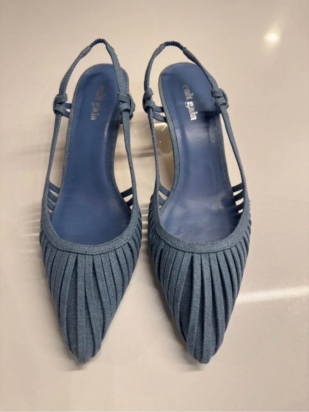 cult gaia Alia blue denim pleated slingback pointed-toe heels size 38.5 Lake